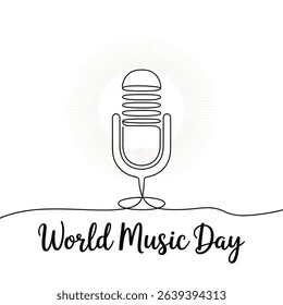 World Music Day. Continuous one line art world music day concept microphone isolated on white background.