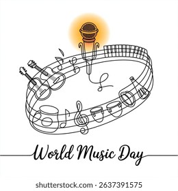 World Music Day Continuous one-line drawing Musical instruments and music notation icons. Vector art design isolated on white background.
