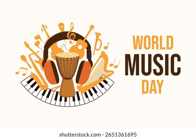 World Music Day or Fête de la Musique poster vector illustration. Different types of musical instruments vector. Template for background, banner, card. 21 June. Important day