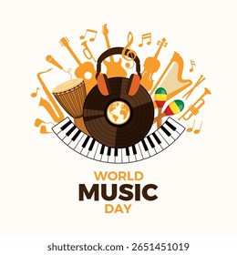 World Music Day or Fête de la Musique poster vector illustration. Different types of musical instruments vector. Template for background, banner, card. 21 June. Important day