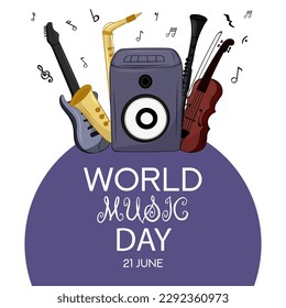 World Music Day with Different musical instruments vector. Music Day Poster, June 21st.
