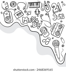 World music day with doodle art design in white background. good template for music campaign design