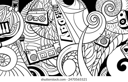 World music day in doodle art with floral ornamental background in black white design. Good template for world music day campaign