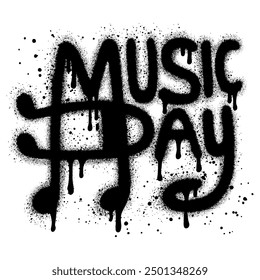 World Music Day graffiti with music symbols spray painted. Music note icon in black and white to celebrate music day