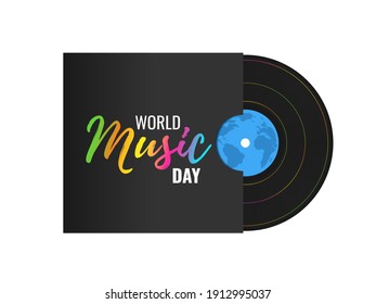 Tarjeta de saludo del Día Mundial de la Música, afiche, pancarta, volante, diseño de concepto postal. Disco de vinilo negro sobre fondo blanco. Ilustración del vector