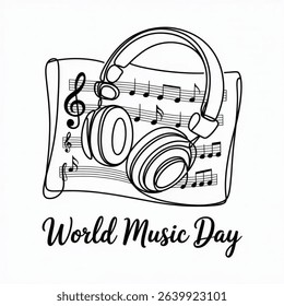 World Music Day A headphone and music notation. World music day one-line drawing. World music day concept. Vector art design isolated on white background.