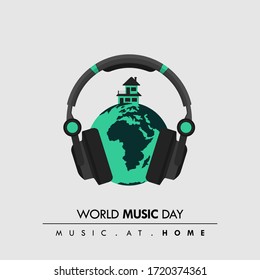 World Music Day. Music at home. Music Headset with Earth and house Design. Vector Illustration