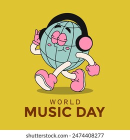 World Music Day illustration with the Earth mascot walking around wearing a headset