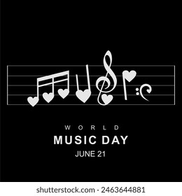 Día Mundial de la Música con ilustración de símbolos musicales. Icono de nota musical con color blanco y negro para celebrar el día de la música