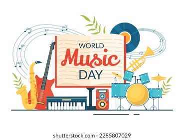 World Music Day Illustration with Various Musical Instruments and Notes in Flat Cartoon Hand Drawn for Publication Poster or Landing Page Templates