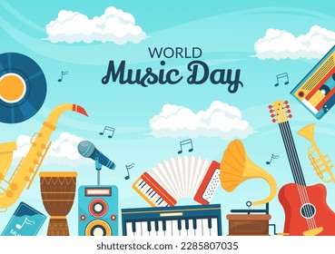 Ilustración del Día Mundial de la Música con diversos instrumentos y notas musicales dibujados a mano de caricatura plana para carteles de publicación o plantillas de páginas de aterrizaje