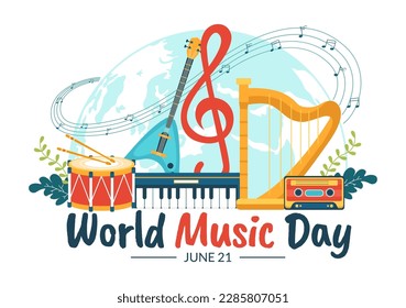 World Music Day Illustration with Various Musical Instruments and Notes in Flat Cartoon Hand Drawn for Publication Poster or Landing Page Templates