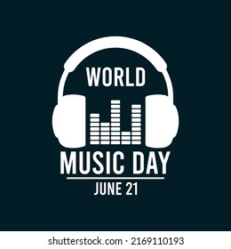 Día Mundial de la Música. 21 de junio. Auriculares con icono de música de volumen. Afiche o pancarta.