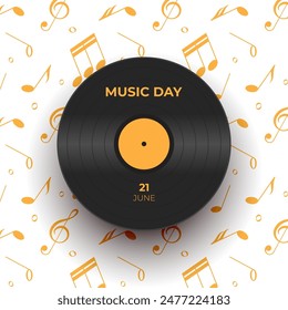 world music day june 21, vinyl disc surrounded by music notes pattern