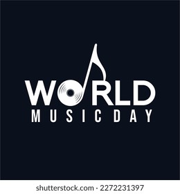 World Music Day in June. World Music Day text design with illustration of a musical note symbol combined with a music disc in the letter O.