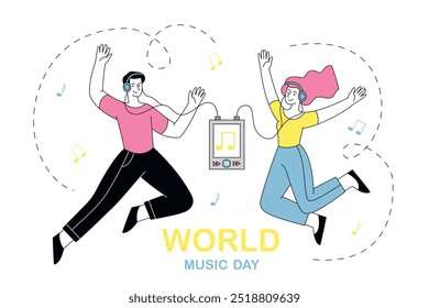 Día Mundial de la Música. Hombre y mujer en auriculares escuchando música en el reproductor. Canciones y listas de reproducción favoritas. Festivo internacional y festival 21 de junio. Ilustración vectorial lineal