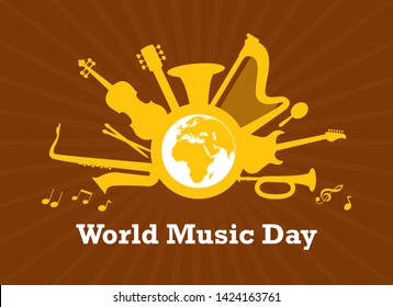 World Music Day with musical instruments vector. Planet Earth with musical instruments vector illustration. World Day of Music Poster, celebrated each June 21. Important day