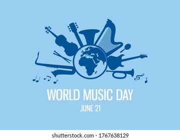 World Music Day with musical instruments vector. Different musical instruments silhouette vector. Planet Earth with musical instruments vector. Music Day Poster, June 21. Important day