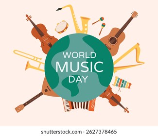 World Music Day and musical instruments around globe poster. Music day concept. Vector illustration design.