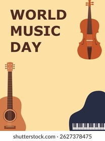 World Music Day and musical instruments vintage poster. Music day retro concept. Vector illustration design.