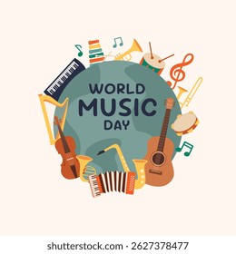 World Music Day and musical instruments around globe poster. Music day concept. Vector illustration design.