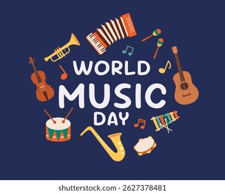 World Music Day and musical instruments poster. Music day concept. Vector illustration design.
