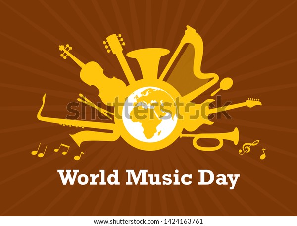 World Music Day\
with musical instruments vector. Planet Earth with musical\
instruments vector illustration. World Day of Music Poster,\
celebrated each June 21. Important\
day