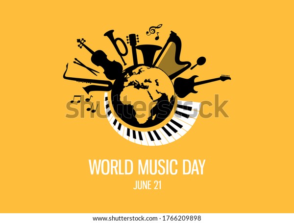 World\
Music Day with musical instruments vector. Different musical\
instruments silhouette vector. Planet Earth with musical\
instruments vector. Music Day Poster, June\
21st.