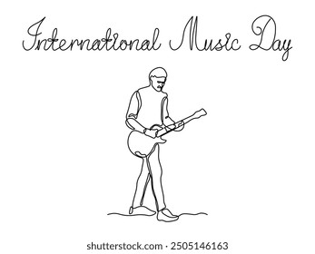 World Music Day. musician with guitar, continuous one line art hand drawing sketch, logo