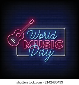 Vector de texto de estilo neón del Día Mundial de la Música