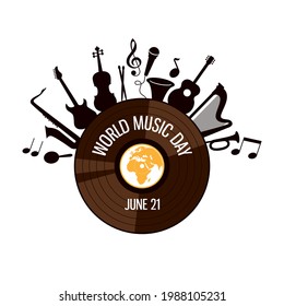 World Music Day Poster with musical instruments vector. Vinyl record with different musical instruments silhouette vector. Music Day design element. June 21. Important day