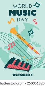 World Music Day poster on October 1, vector, text illustration. A flat illustration with musical instruments for web design. Vertical banner xylophone, flute with notes on the ground background