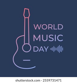 World music day poster with outline guitar on blue background. Template for banner, poster, flyer, print. Vector illustration