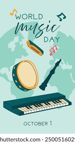 Cartel del Día Mundial de la Música, Vector, ilustración de texto. Una ilustración plana con instrumentos musicales para el Diseño web. Piano de Anuncio de Vertical, pipa, pandereta, armónica con notas en el fondo del suelo