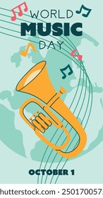 World Music Day poster, vector, text illustration. Flat illustration of trumpet and sheet music for web design. Vertical banner of a yellow brass musical instrument on the ground background