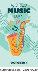 World Music Day poster, vector, text illustration. Flat illustration of a saxophone and sheet music for web design. Vertical banner of a yellow brass musical instrument on the ground background