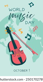 World Music Day poster, vector, text illustration. Flat illustration with violin and sheet music for web design. Vertical banner of pink stringed musical instrument on a ground background