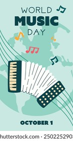 World Music Day poster, vector, text illustration. Flat illustration of accordion and sheet music for web design. Vertical banner of blue wind keyboard musical instrument on background of the earth