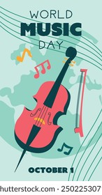 Poster, Vektorgrafik, Textgrafik zum Weltmusiktag. Flache Illustration mit Cello, Kontrabass und Noten für Webdesign. Vertikales Banner mit rosafarbenem Saiteninstrument auf Bodenhintergrund