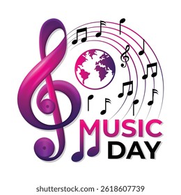 World Music Day sign or symbol with vibrant musical notes and a globe symbolizing global music harmony