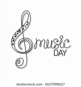 World Music Day simple vector banner, poster, background with treble clef sign and musical notes. One continuous line drawing with text Music Day. vector illustration on white background.
