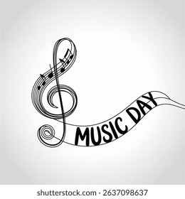 World Music Day simple vector banner, poster, background with treble clef sign and musical notes. One continuous line drawing with text Music Day. vector illustration on white background.
