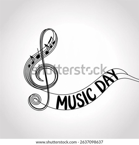 World Music Day simple vector banner, poster, background with treble clef sign and musical notes. One continuous line drawing with text Music Day. vector illustration on white background.
