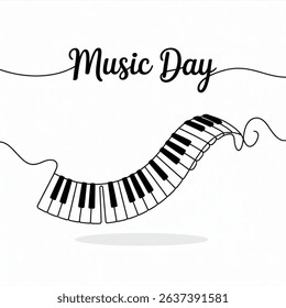 World Music Day sketch. Piano keys simple vector banner, poster, background. One continuous line drawing with text Music Day. World music day concept. Vector art design isolated on white background.
