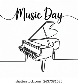 World Music Day sketch. Piano keys simple vector banner, poster, background. One continuous line drawing with text Music Day. World music day concept. Vector art design isolated on white background.
