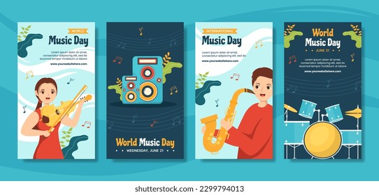 World Music Day Social Media Stories Flat Cartoon Hand Drawn Templates Background Illustration