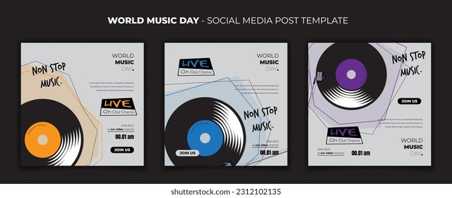 World music day in Social media post template design with flat vinyl disc design