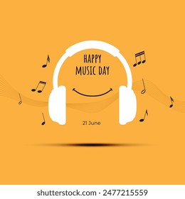 
World music day social media post, headphone silhouette with a smile symbol surrounded by music notes, orange square background