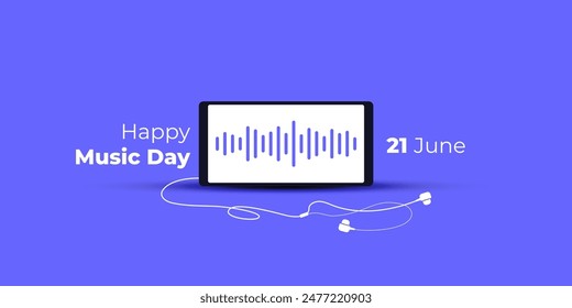World music day social media post, smartphone with earphone, vinyl, equalizer music player, minimalist background