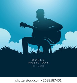 World music day social media post background, square banner with a men playing music with a acoustic guitar